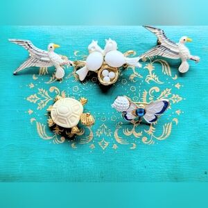 Vintage White Gold Enamel Brooch Lot Crown Trifari Set Of 5